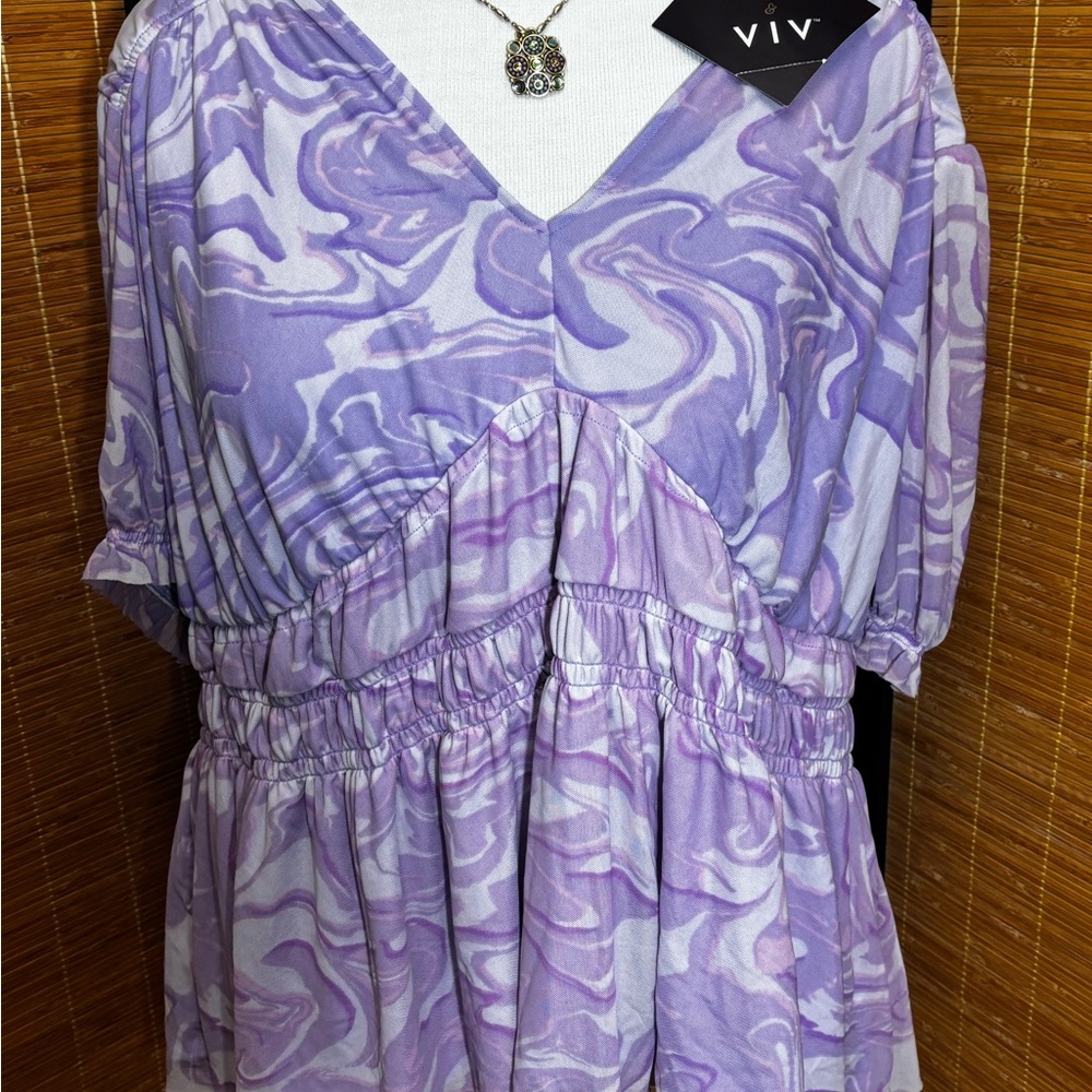 Ava & Viv Purple Smocked Short Sleeve Blouse